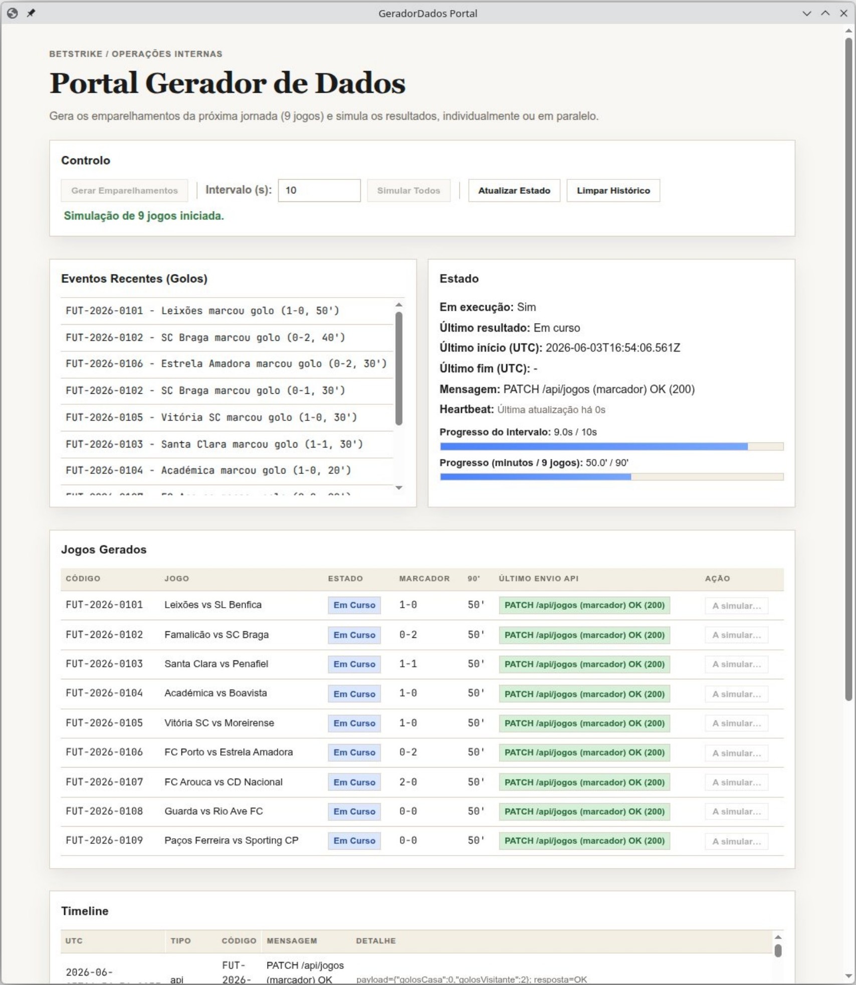 portal do gerador de dados, a simular 9 jogos em simultâneo