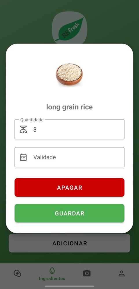 quantidade e validade do ingrediente adicionado