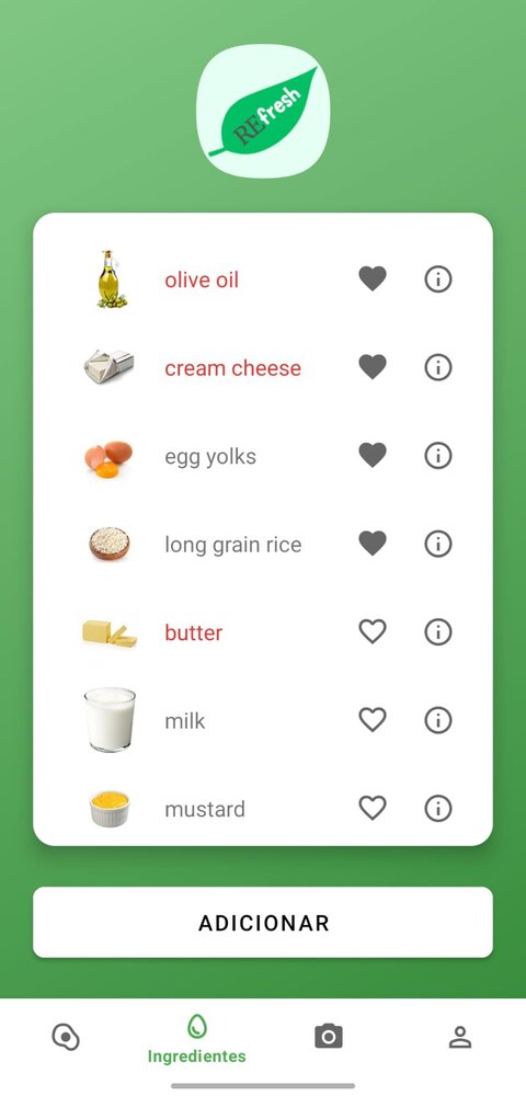 lista de ingredientes registados, com favoritos e detalhe rápido