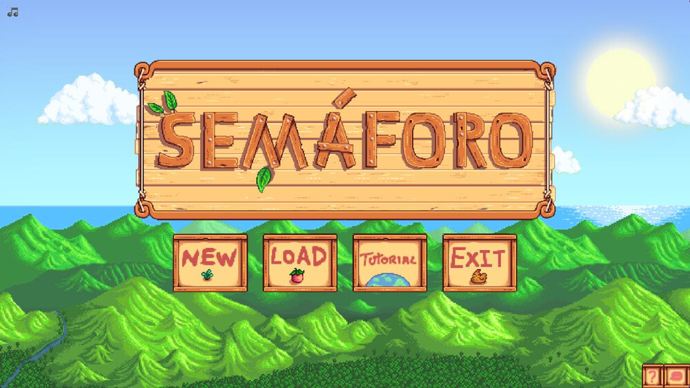 menu principal, com arte inspirada em Stardew Valley