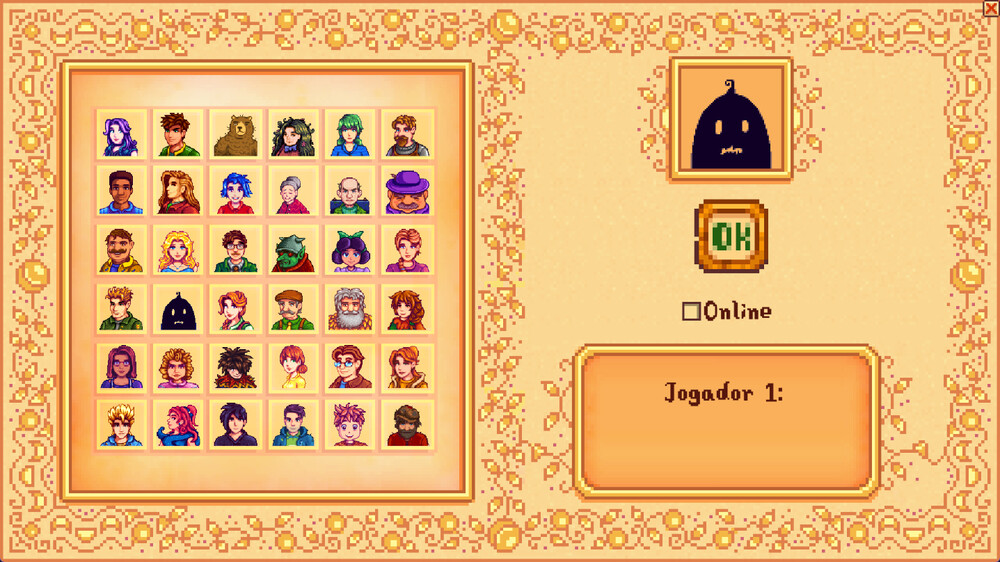 escolha de avatar e nome do jogador